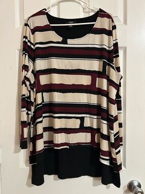 Alfani Cream, Burgundy & Black Striped Long-Sleeve Tee
